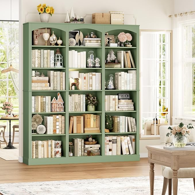 FACBOTALL 71" Triple Wide Bookshelf, 6 Tier Tall Bookshelf, Large Arched Bookcase with Curved Baffle, 63.4" Wide Book Shelf with 18 Open Display Shelves for Living Room, Study, Green