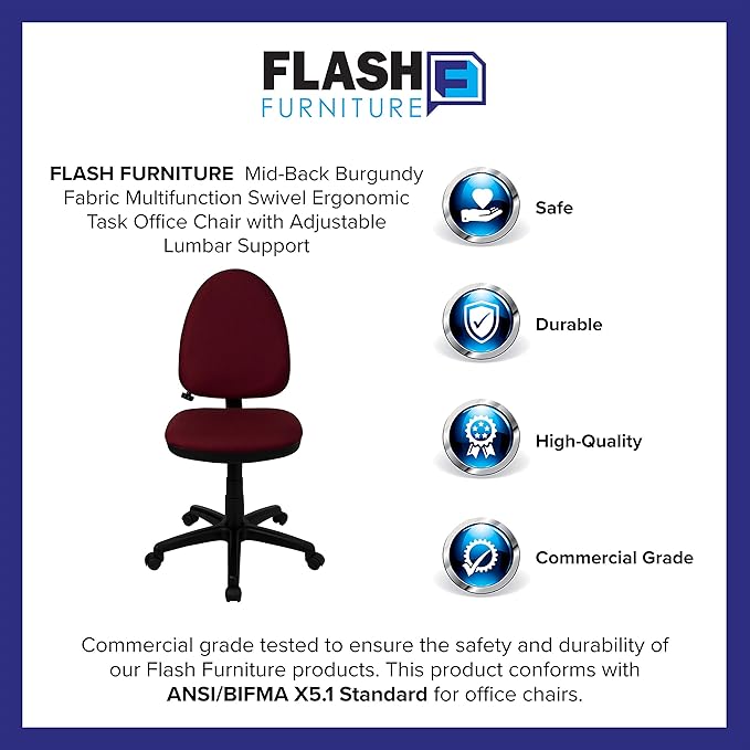 Flash Furniture Mid-Back Burgundy Fabric Multifunction Swivel Ergonomic Task Office Chair with Adjustable Lumbar Support