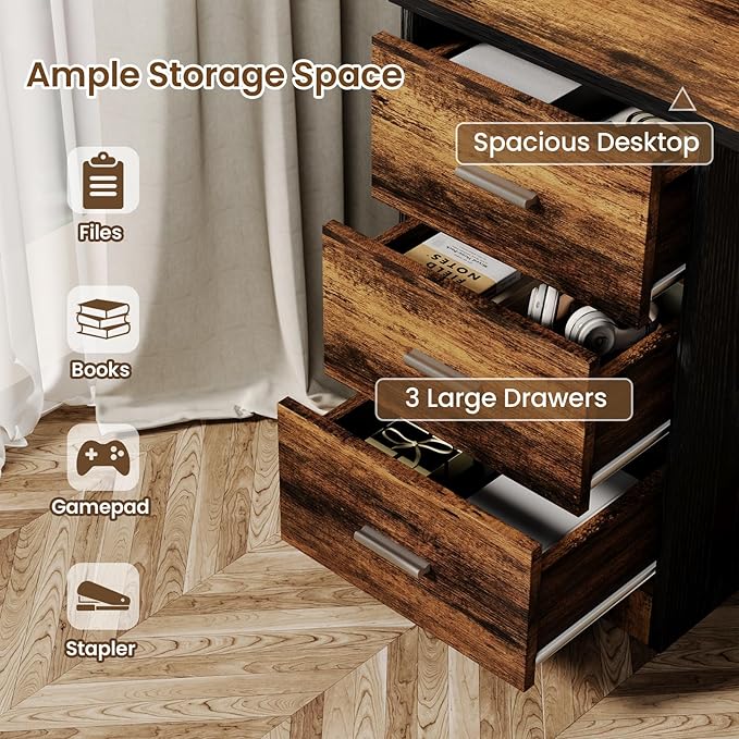 Small Computer Desk with Drawers, 47 Inch Home Office Desk with 3 Drawers & Bottom Shelves, Study Desk with Storage for Bedroom, Writing and Work, Black and Brown