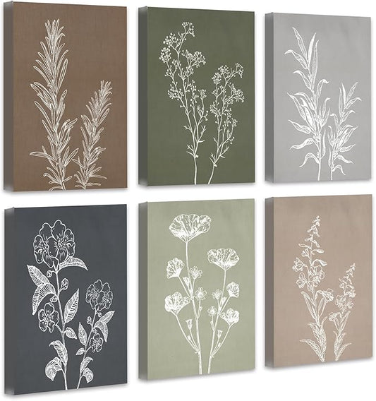 Drsoum Vintage Botanical Wall Art Framed Boho Wall Art Decor Wooded Minimalist Print Modern Rustic Farmhouse Home Kitchen Decor 12x16inx6pcs