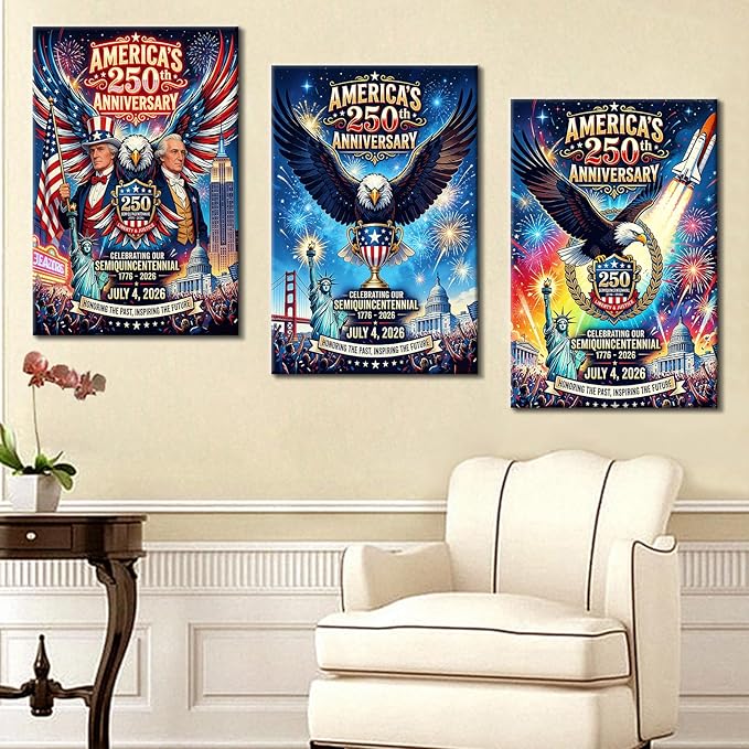 DINGFUN Semiquincentennial 3 Panel Canvas Art, USA 250th Anniversary Patriotic Wall Decor, 1776-2026 American Flag Eagle Framed Painting for Home Bedroom and Office Decor, 48x24 Inch