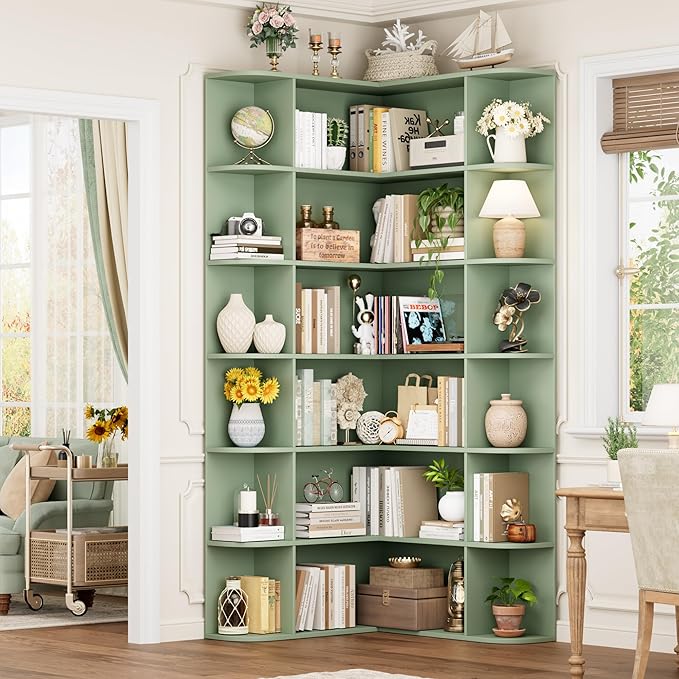 FOTOSOK 74” Tall Corner Bookshelf, 6-Tier Bookshelf and Bookcase with Open Storage, Tall Bookcases Wooden Storage Shelves for Home Office, Thickened Boards for Better Load Bearing, Green