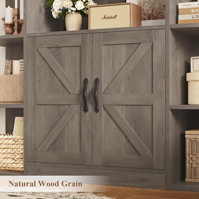 HOSTACK 75" Tall Book Shelf and Bookcase, 6 Tier Bookshelf with Storage, 47" Wide Bookcase with Door, Freestanding Wood Display Shelves with Book Storage Cabinet for Home Office, Living Room, Ash Grey