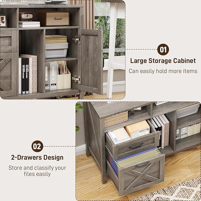 Farmhouse File Cabinet with Doors, Lateral Filing Cabinet with 2 Drawers for Letter/A4 Size Hanging Files, Large Wooden Printer Stand with Open Shelf for Home Office, Rustic Grey