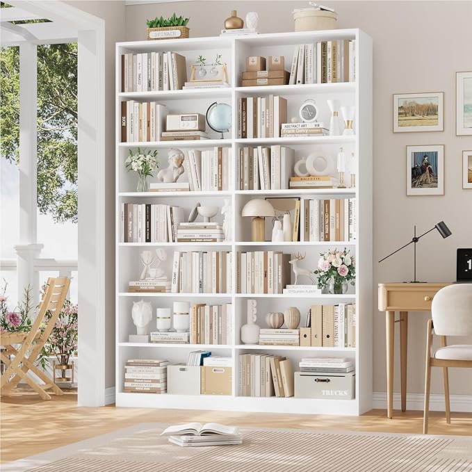 FACBOTALL 83.6" Tall Bookshelf and Bookcase, 7-Tier Extra Large Bookshelf with Double Storage, 14 Open Display Shelves for Home Office, Study and Living Room, White