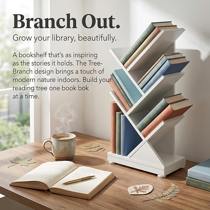 ruboka Tree Bookshelf, Retro Floor Standing Bookcase Display for CDs/Magazine/Books,Small Bookshelf for Bedroom,Living Room,Office,Balcony,Brown Storage Shelves (White, 5 Tier)