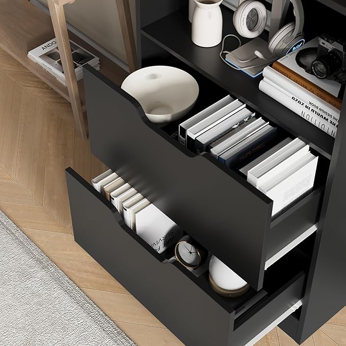 Bookcase with 2 Drawers, 63" 3-Tier Bookshelf with Storage, 3 Shelf Book Shelf with Adjustable Shelf, Modern Bookshelf, Open Shelves Bookcase for Study, Bedroom & Home Office, Black
