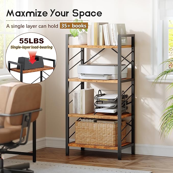 2 Pieces 4 Tier Bookshelf, Industrial Bookcase with Metal Frame and Sidebars, Small Bookshelf for Bedroom, Home Office and Living Room, Rustic Brown