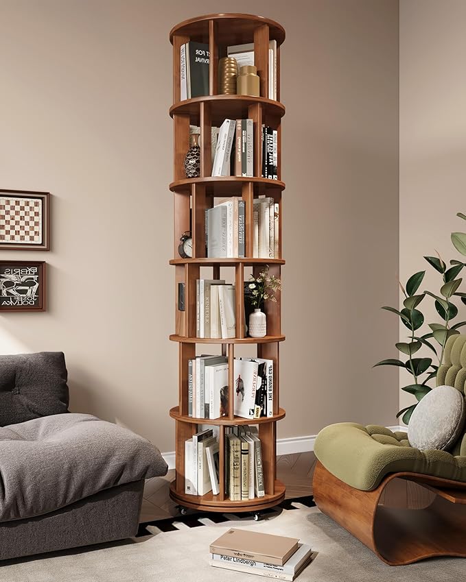 Rotating Bookshelf, 6 Tier Solid Wood Bookshelf Tower with Lockable Wheels, 360° Spinning Revolving Bookcase for Small Spaces, Corners, Bedroom, Kids Room, Home Office, Walnut