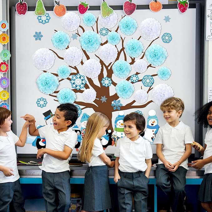 Winter Bulletin Board Decoration Set Winter Wonderland Cutouts for Classroom Winter 3D Tree with Paper Pom Poms Snowflake Bulletin Board for School Classroom Nursery Christmas Party Wall Door Decor
