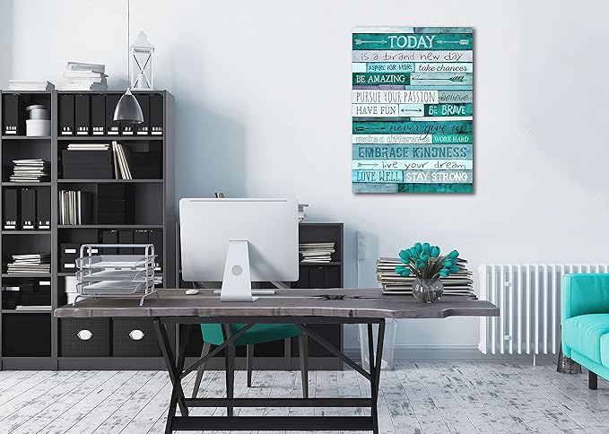 Large Inspirational Wall-Art - Positive Office Wall Decor - Teal Motivational Wall Art - Framed Canvas Art Easy to hand Size 24x36 Inches