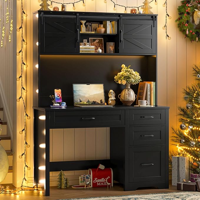 Farmhouse 67" H Executive Desk with Hutch,Computer Desk with Charging Station,Office Table with LED Light and 4 Drawers,File Drawers and Storage Cabinet,Workstation for Home Office.Black