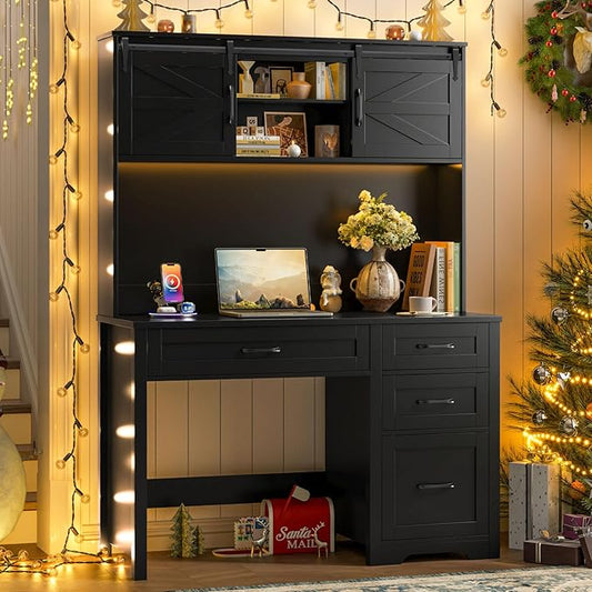 Farmhouse 67" H Executive Desk with Hutch,Computer Desk with Charging Station,Office Table with LED Light and 4 Drawers,File Drawers and Storage Cabinet,Workstation for Home Office.Black