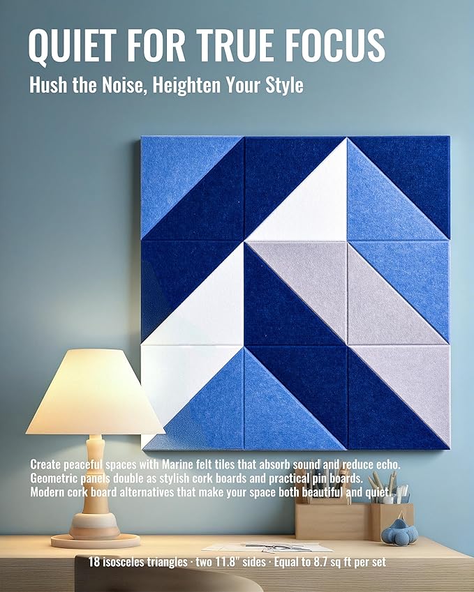 Felt Wall Tiles Bulletin Board, Marine Blue White Panels, Modular Decorative Boards for Home Office, Kids Room, Nursery, DIY Geometric Art Display, 18 Pack 11.8" Triangle Tiles (Marine)