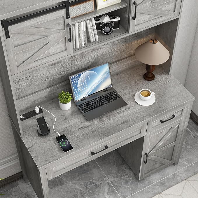 Vabches Farmhouse 47" Executive Desk, Computer Desk with 2 Drawers, LED Light and Storage Cabinet, Home Office Desk with Hutch, Charging Hub, Workstation for Home Office and Study(Grey