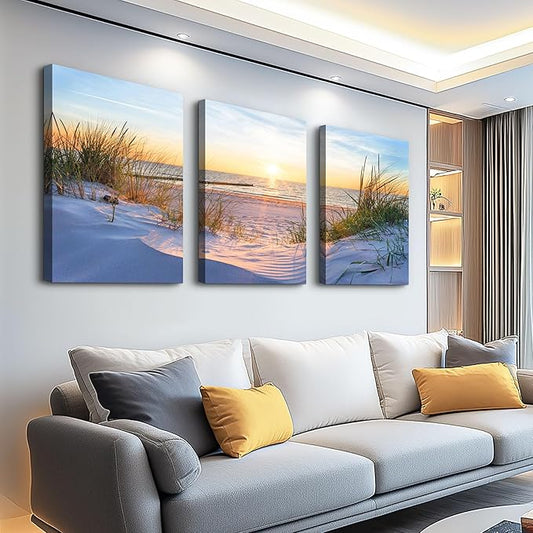 MHARTK66 Large Canvas Wall Art For Bedroom Wall Decor For Living Room Modern Office Pictures Wall Artwork Blue Sun Beach Grass Ocean Landscape Paintings Canvas Art Prints Home Decorations 3 piece