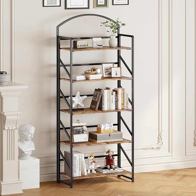 BHG Arched Bookshelf 5 Tier Shelf Storage Organizer Bookcase,No Assembly Folding Book Shelf for Living Room,Bedroom Home Office Rack Bookhelves