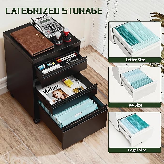 3 Drawer File Cabinet with Lock,Rolling Mobile File Cabinet with Wheels for Home Office,Under Desk Metal Filing Cabinet,Office Storage Organizer,Fully Assembled,Black