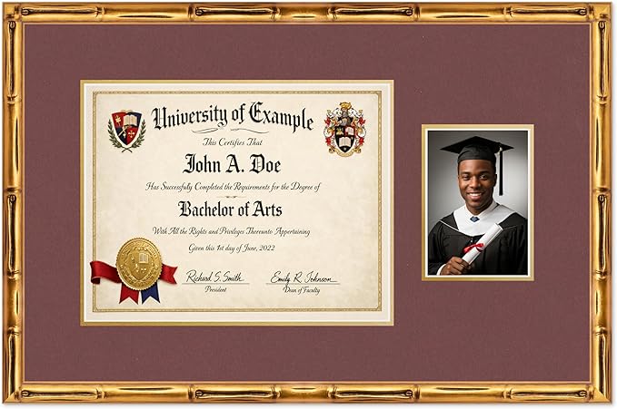 CountryArtHouse Fits 14 x 11 College Diploma (Modern) and 5 x 7 Photo Diploma and Photo Frame Gold Bamboo Genuine Hardwood with Dark Red Over Metallic Gold Double mat