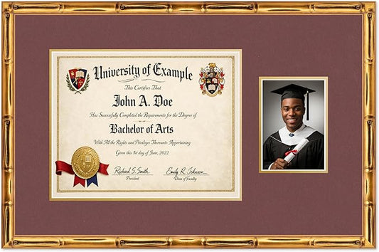 CountryArtHouse Fits 14 x 11 College Diploma (Modern) and 5 x 7 Photo Diploma and Photo Frame Gold Bamboo Genuine Hardwood with Dark Red Over Metallic Gold Double mat