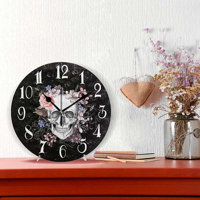 ALAZA Non-Ticking Silent Round Wall Clock, Sugar Skull Floral The Day of Dead Decor Clock for Home School Kitchen Bedroom Living Room