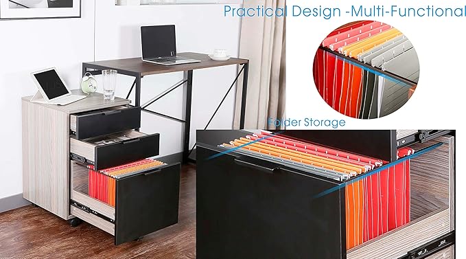 JJS 3 Drawer Rolling Wood File Cabinet with Locking Wheels, Home Office Portable Vertical Mobile Wooden Storage Filing Cabinet for A4 or Letter Size, Black