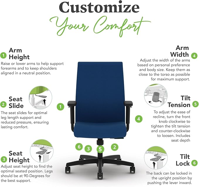 HON Ignition 2.0 Fabric Office Chair, Upholstered, Adjustable Arms, Standard Synchro-Tilt Recline Executive Ergonomic Office Chair, Black Frame, Indigo