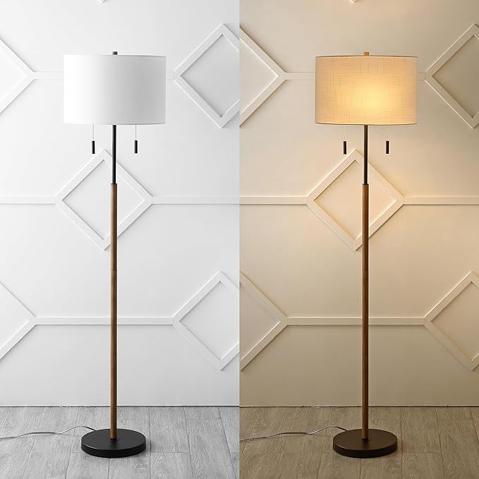 JONATHAN Y 61" Brown Wood/Black 2-Light Iron Candlestick LED Floor Lamp, Rustic Farmhouse Standing Lamp with Dual Pull Chains, White Linen Shade, LED Bulbs Included JYL1141A