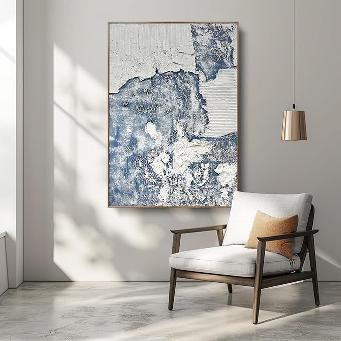 BrightA Office wall decorations with grand style. Large abstract hand-painted texture relief artworks, presenting the artistic charm of blue and white 31.5"x47.2"