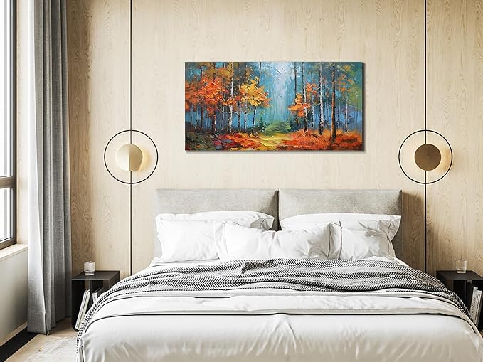 Arjun Nature Wall Art for Living Room, Landcape Canvas Forest Painting for Bedroom, Framed Textured Reddish Artwork Large Picture Dining Room Kitchen Home Office Wall Decor 40"x20"