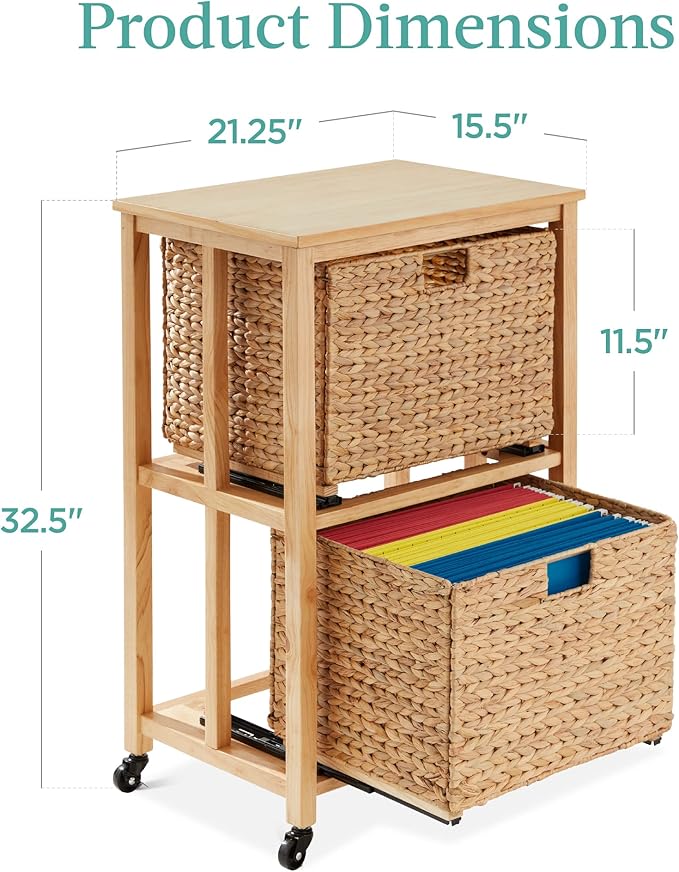 Best Choice Products Vertical Rolling File Cabinet, Multipurpose Portable Water Hyacinth Basket Organizer for Home Office, Workspace w/Rubberwood Frame, Metal Sliders, Locking Caster Wheels - Natural