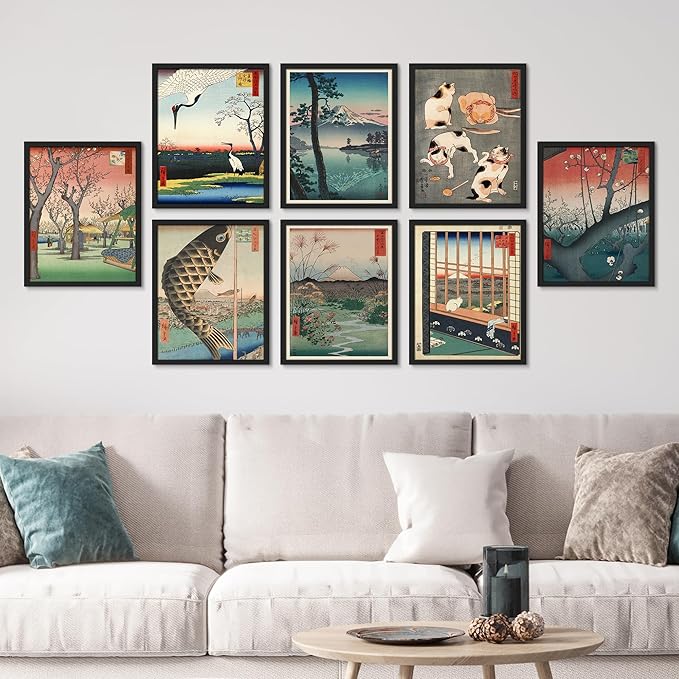 SIGNWIN Framed Poster Wall Art Set of Koinobori The Carp Fish, Plum Park Landscape with 2 Cranes from One Hundred, Plum Blossom in Garden for Living Room, Bedroom, Office - 12"x16"x 8 Black