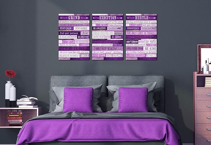 Purple Room Decor for Women - Motivational Inspirational Quotes Wall Art for Office - Large Canvas Wall Art Ready to Hang Size 16" x 24" x 3 Pieces