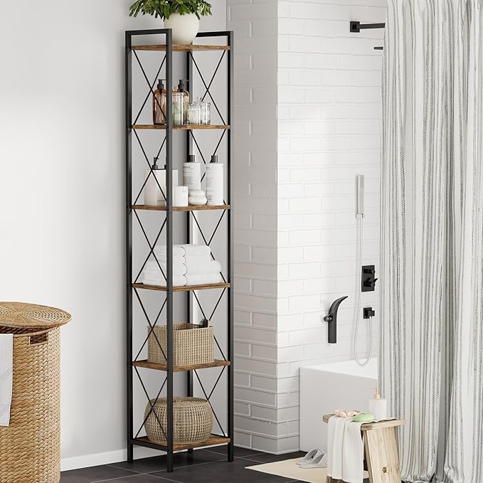 Homhedy 6 Tier Bookshelf, Tall Narrow Bookcase for Small Space, Metal Storage Book Shelf, for Home Office, Living Room, Kitchen, Bedroom, Industrial Style, 10.4" D x 13" W x 67.4" H, Rustic Brown
