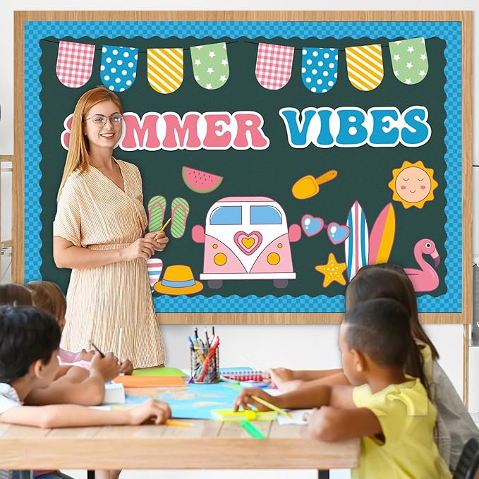 Hello Summer Bulletin Board Set Beach Theme Classroom Bulletin Board Decorations Surfing Tropical Palm Cutouts for Back to School Bus Teacher Supplies Nursery Home Chalkboard Wall Door Decor