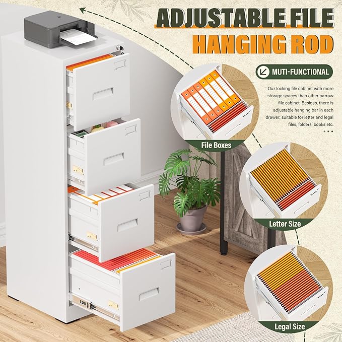 Greenvelly 4 Drawer File Cabinet with Lock, Metal Filing Cabinet for Home Office, Locking Vertical File Cabinet, 18" D File Cabinets for Home Office, Easy Assemble (White)