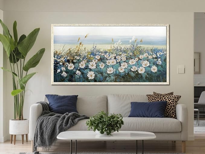 Arjun Flower Wall Art Canvas Framed Daisy Floral Textured Painting for Living Room, Bedroom Picture Artwork Dining Room Office Home Wall Decor, Large 48"x24"