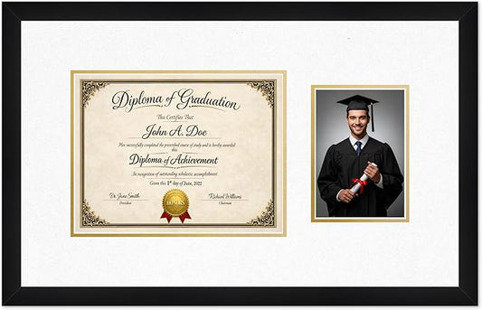 Diploma Frame With Photo Opening Matte Black Oyster Shell Over Gold Mat - Fits 11 x 8.5 Degree and Picture Made in the USA