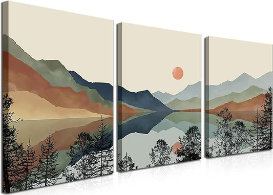 AKWISH Framed Mountain Canvas Wall Art Set of 3, Boho Watercolor Poster Prints Painting, Sun Forest Abstract Nature Landscape Artwork Wall Decor for Living Room, Bedroom, Office 16x24 In
