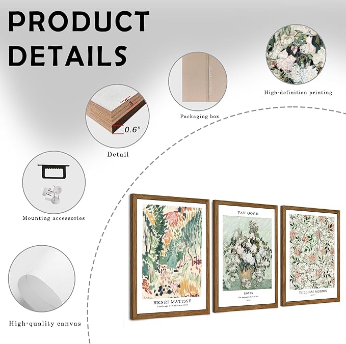 InspiredHues Matisse Van Gogh Morris Canvas Wall Art Set of 3, Sage Green Beige Neutral Flower Wall Decor, Vintage Botanical Art Prints for Living Room Bedroom Office Home Decoration 16x24 Wood Framed