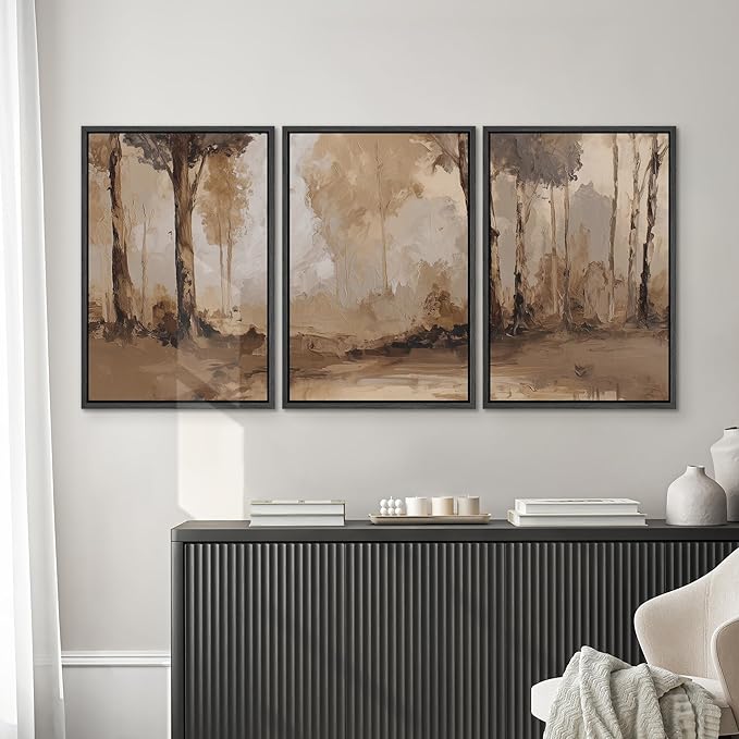 SIGNWIN Framed Canvas Print Wall Art Set Warm Neutral Woodland Trees Abstract Illustrations Modern Art Decorative Nordic Abstract for Living Room, Bedroom, Office - 16"x24"x3 Black