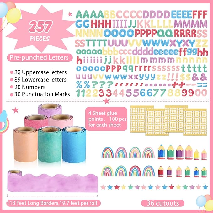Kosiz Colorful Watercolor Bulletin Board Decoration Set 118 ft Scalloped Bulletin Board Borders Classroom Poster Border Trim with 257 Pcs Letter Number Symbol Cutout for School Decor