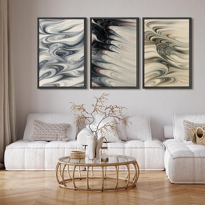 SIGNFORD Framed Wall Art Print Set Neutral Marble Swirl Abstract Elegant Fluid Pattern Digital Art Modern Art Contemporary for Living Room, Bedroom, Office - 16"x24"x3 BLACK