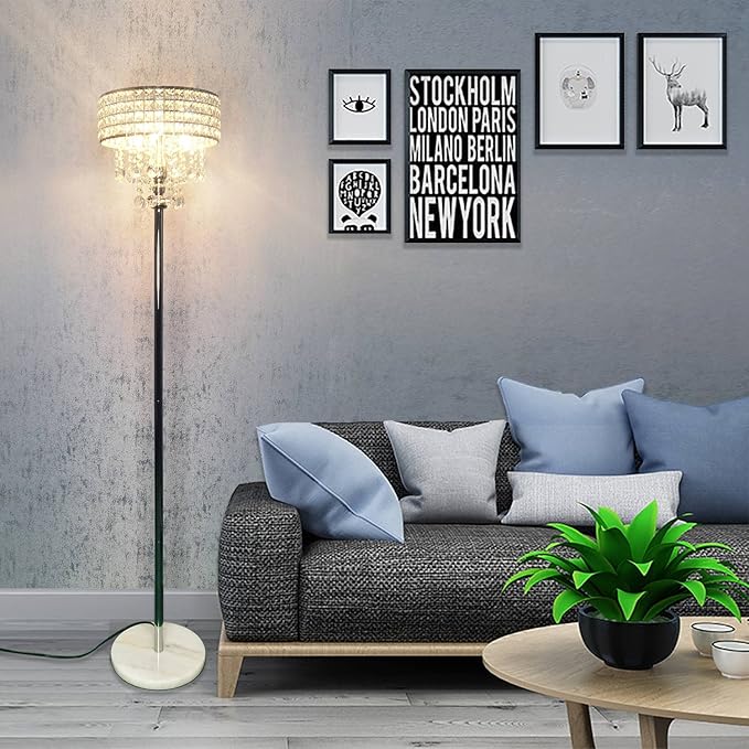beaysyty Modern K9 Clear Glass Crystals Floor Lamp, On/Off Foot Switch, Crystal & Glass 3-Lights Standing Light, Reading Corner Lamp for Office Cafe, Living Room Bedroom (Chrome)