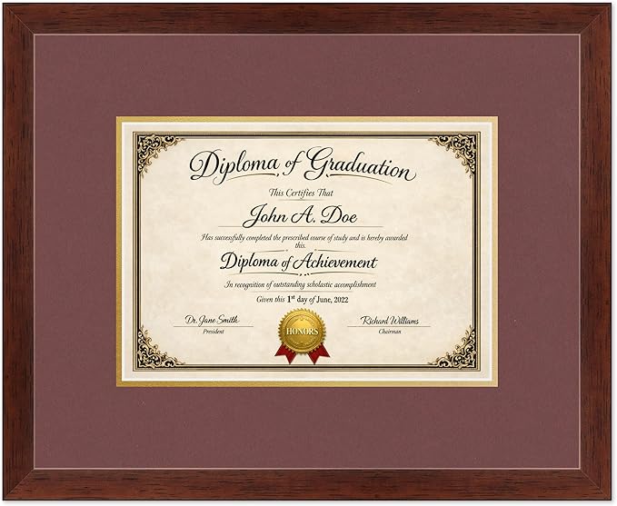 Diploma Frame Rustic Walnut with Dark Red Over Gold Double Mat - Fits 11.69 x 8.27 A4 Certificate Wall Display Made in the USA