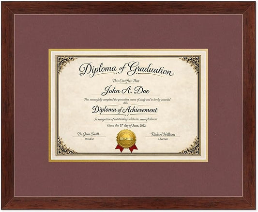 Diploma Frame Rustic Walnut with Dark Red Over Gold Double Mat - Fits 11.69 x 8.27 A4 Certificate Wall Display Made in the USA