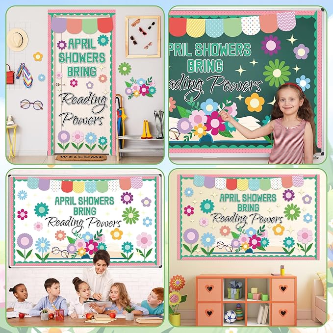 Spring Reading Bulletin Board Set Floral Classroom Decoration April Showers Bring Reading Bulletin Board Spring Floral Cutouts for Back to School Office Home Chalkboard Wall Decor