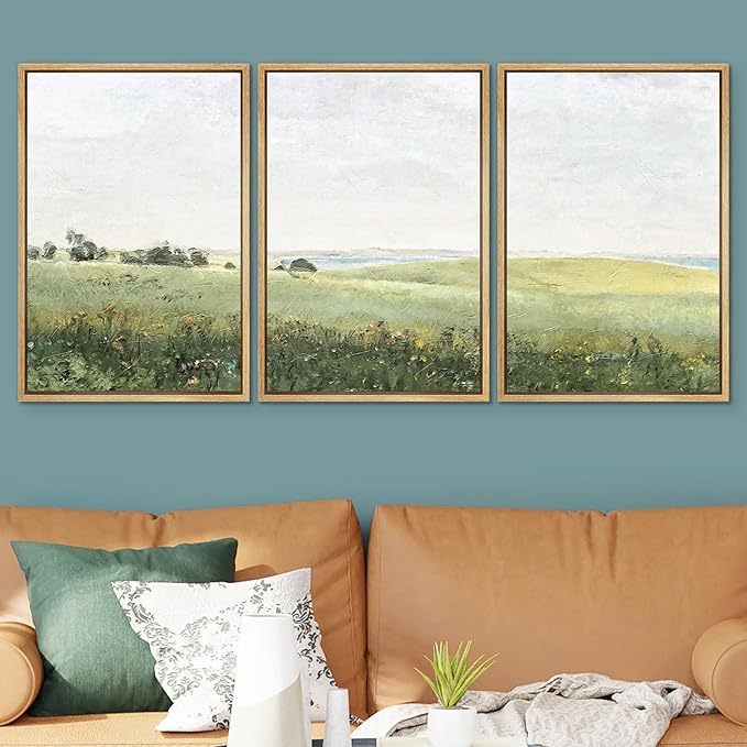 SIGNWIN Framed Canvas Print Wall Art Set Green Pasture Countryside Flower Field Nature Abstract Illustrations Modern Art Decorative Nordic for Living Room, Bedroom, Office - 16"x24"x3 Natural