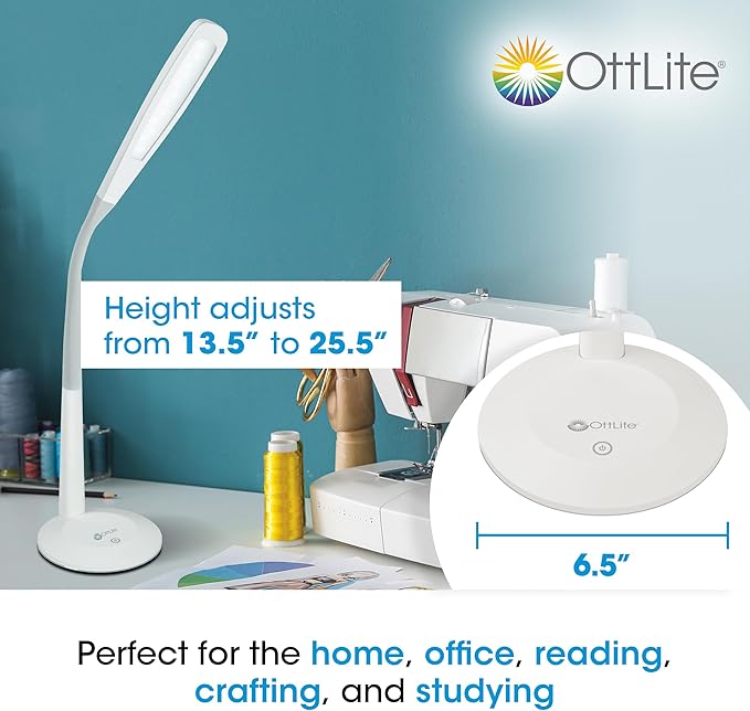 OttLite LED Desk Lamp with Flexible Neck (White) - Slim Desk Lamp with 3 Brightness Settings & Touch Activated Controls - Energy-Efficient Natural Daylight LEDs for Home Office, Desk, & Dorms