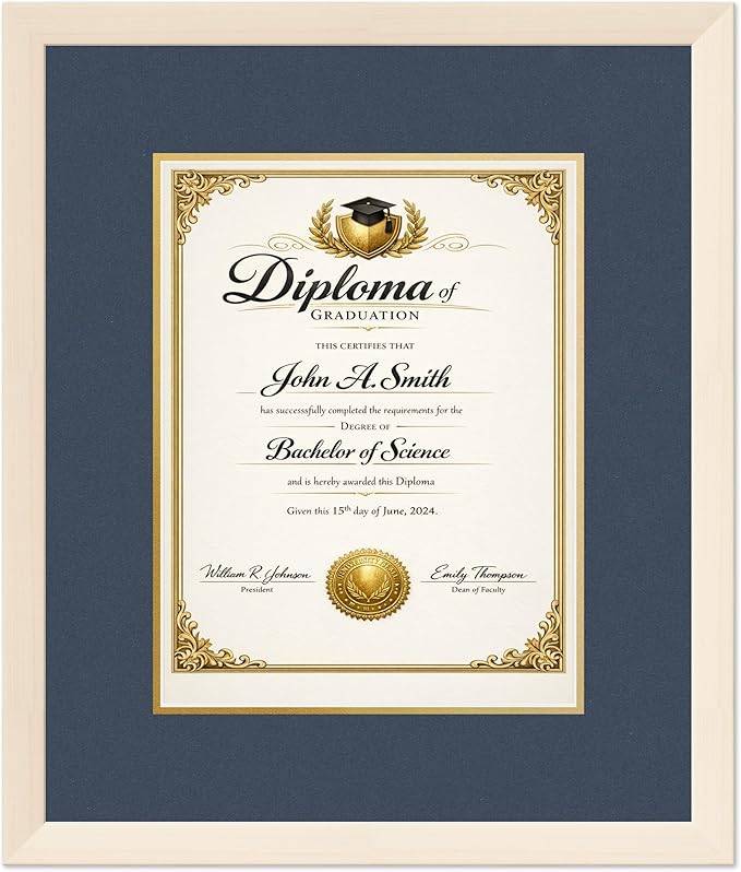 CountryArtHouse Diploma Frame Fits 10 x 13 College Diploma (Portrait Traditional) - Keepsake Gradua Coastal Whitewash Genuine Hardwood with Navy Blue Over Metallic Gold Double mat